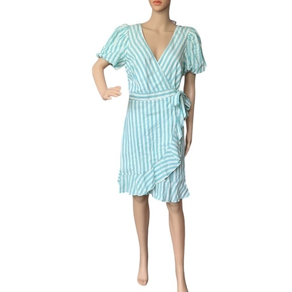 Draper James Women’s Puff Sleeve Turquoise White Striped Wrap Dress Size S NWT - Picture 1 of 14